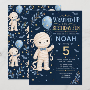 Invitation Joli garçon momie 5e anniversaire bleu or