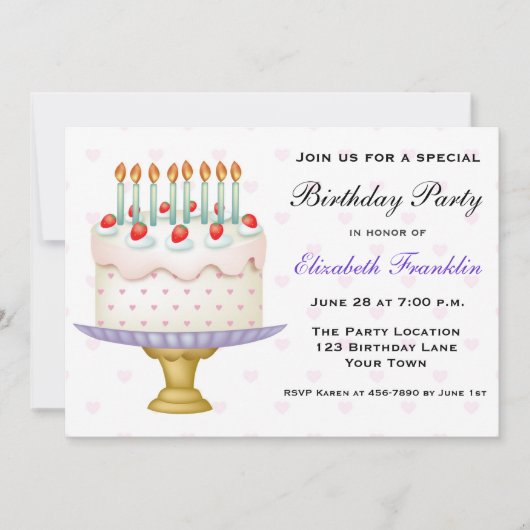 Invitation Joli gâteau d'anniversaire avec les coeurs et les  (Devant)