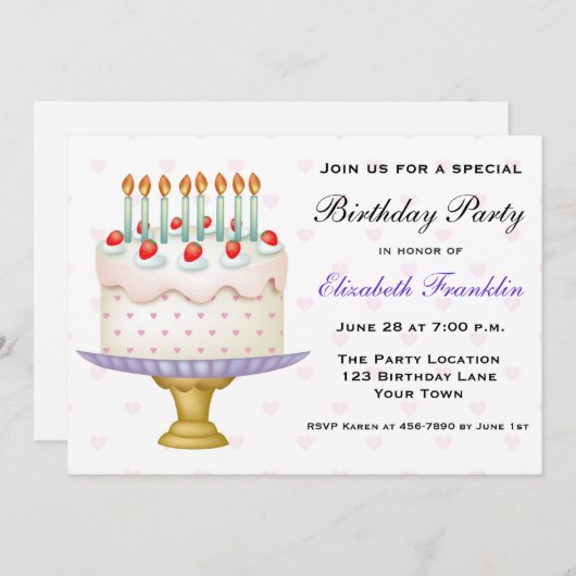 Invitation Joli gâteau d'anniversaire avec les coeurs et les (Devant / Derrière)