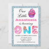 Invitation Joli gâteau light blue glitter 1er anniversaire (Devant)
