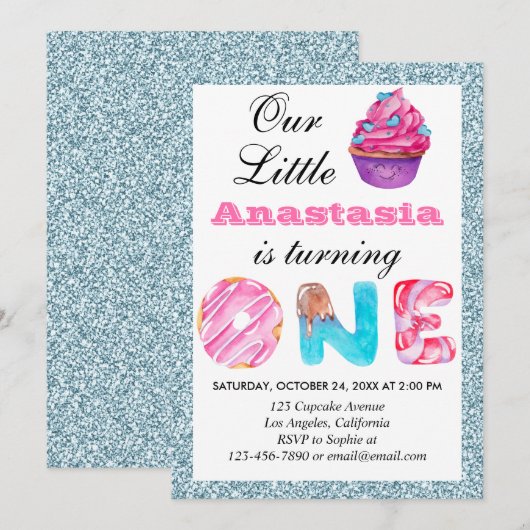 Invitation Joli gâteau light blue glitter 1er anniversaire (Devant / Derrière)