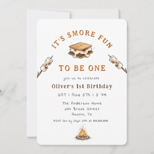Invitation Joli gâteau S'mores pour 1er anniversaire (Devant)