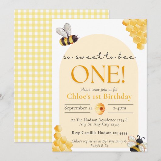 Invitation Joli Gingham Jaune Tellement Mignon Pour L'anniver (Devant / Derrière)