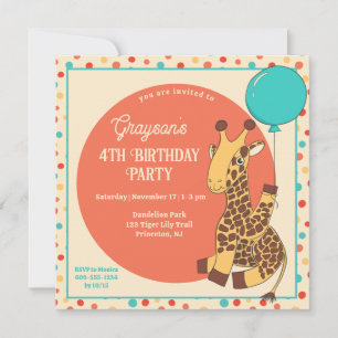 Invitation Joli girafe avec un ballon bleu pour l'anniversair