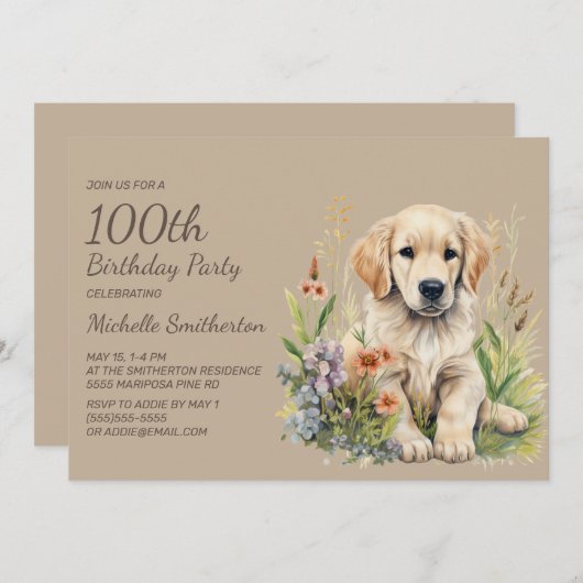 Invitation Joli Golden Retriever Chiot 100e anniversaire (Devant / Derrière)