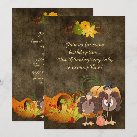 Invitation Joli Golden Thanksgiving Turkey Boy's 1st Birthday (Devant / Derrière)