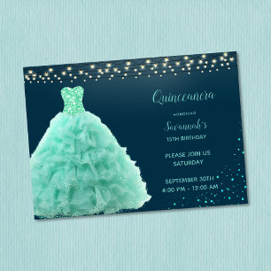 Invitation Joli Gown vert de mer sous les lumières Quinceaner