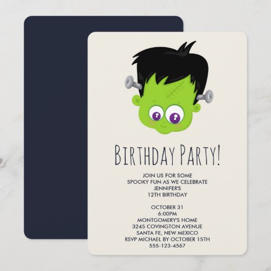 Invitation Joli Green Frankenstein Monster Visage Anniversair (Devant / Derrière)