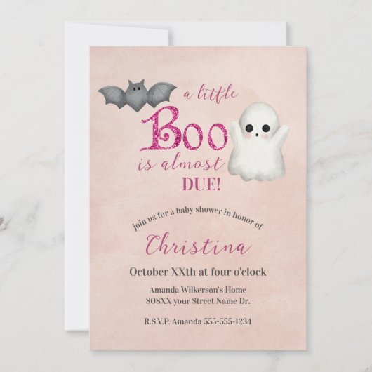 Invitation Joli Halloween Fantôme rose fille Baby shower (Devant)
