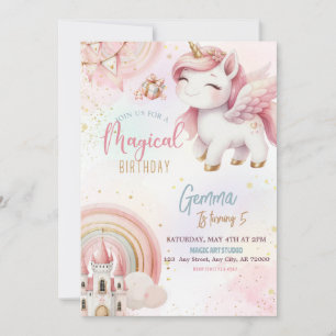 Invitation Joli Imaginaire Rose or Unicorn Château Anniversai