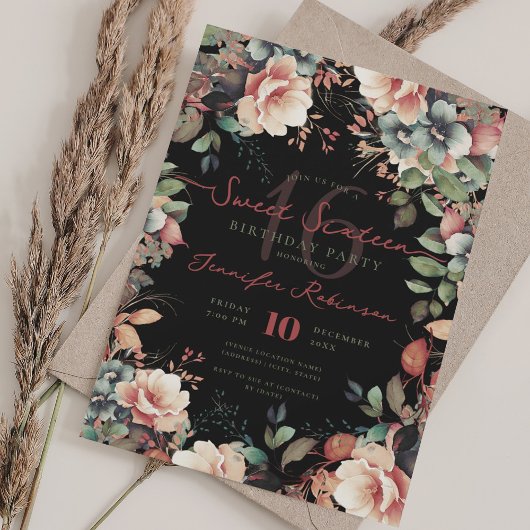Invitation Joli jardin Boho Floral Sweet 16 Noir