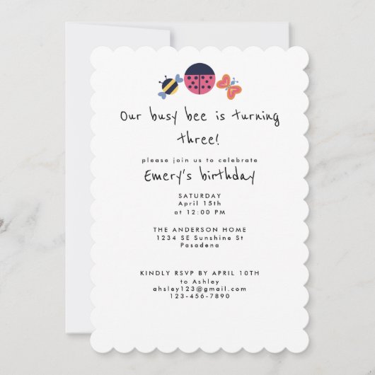 Invitation Joli Jardin Bug Busy Bee Troisième fête d'annivers (Devant)