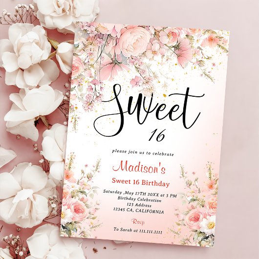 Invitation Joli Jardin Fleur sauvage Aquarelle Sweet 16