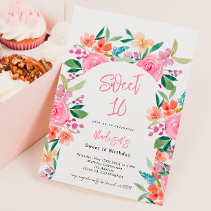 Invitation Joli jardin fleuri aquarelle arche Sweet 16