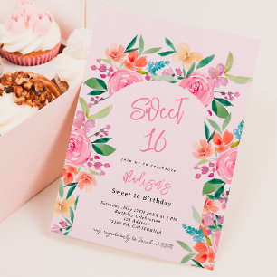 Invitation Joli jardin fleuri aquarelle arche Sweet 16