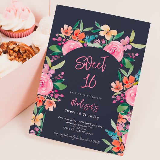 Invitation Joli jardin fleuri aquarelle arche Sweet 16