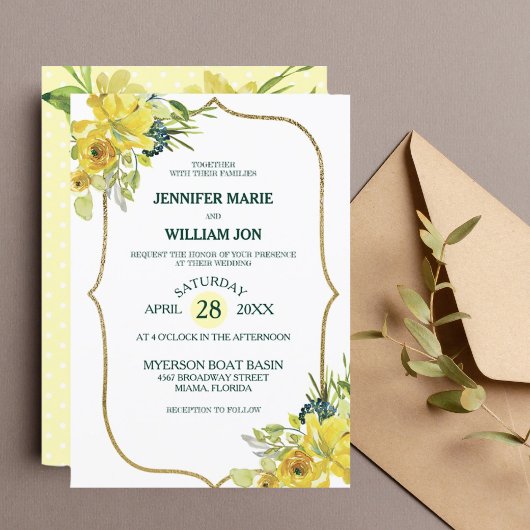 Invitation Joli jaune Floral or Bouquet Mariage