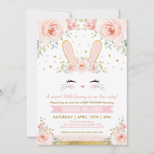 Invitation Joli lapin Baby shower fille / Blush Gold Rabbit (Devant)