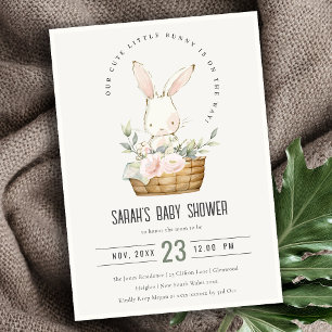 Invitation Joli Lapin Dans Panier Floral Baby shower Neutre
