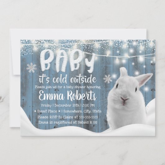Invitation Joli lapin d'hiver Dusty Blue Barn Baby shower (Devant)