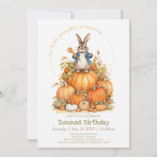 Invitation Joli lapin et citrouille automne Anniversaire (Devant)