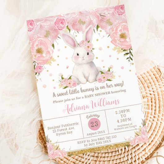 Invitation Joli Lapin Lapin Lapin Rose Baby shower Floral
