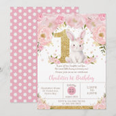 Invitation Joli Lapin Lapin Rose Floral 1er Anniversaire (Devant / Derrière)
