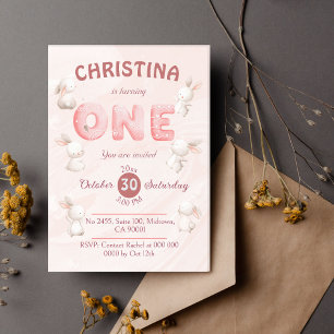 Invitation Joli lapin rose à thème pastel moderne 1er anniver