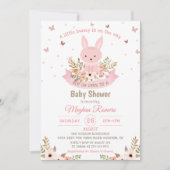 Invitation Joli lapin rose avec Baby shower de fleurs (Devant)