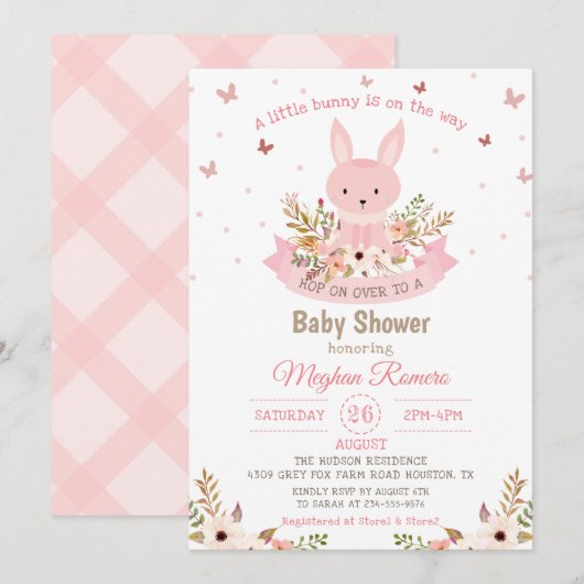 Invitation Joli lapin rose avec Baby shower de fleurs (Devant / Derrière)