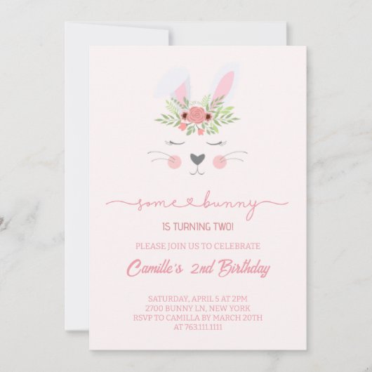 Invitation Joli lapin rose fille anniversaire (Devant)