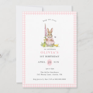 Invitation Joli lapin vintage en vichy rose pour anniversaire