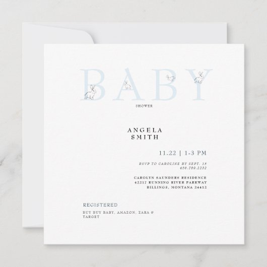 Invitation Joli lapins bleu clair En vichy Baby shower carré. (Devant)