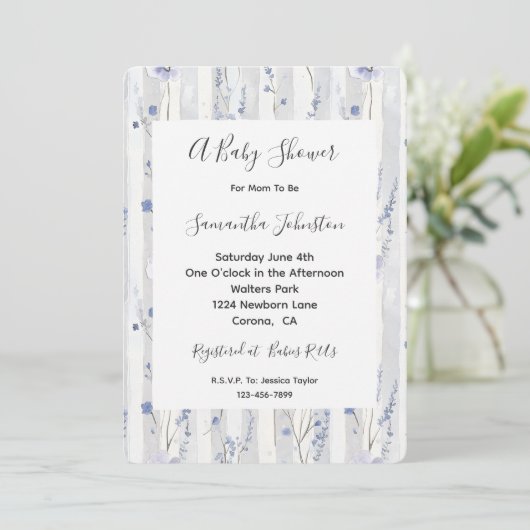 Invitation Joli Lavande Blanc rayures Baby shower Floral (Debout devant)