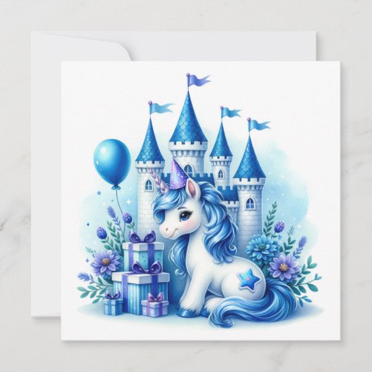 Invitation Joli licorne bleue et château de conte de fées (Devant)