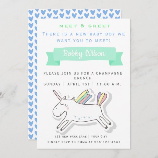 Invitation Joli Licorne | Rencontre & Salutation Nouveau Bébé (Devant / Derrière)
