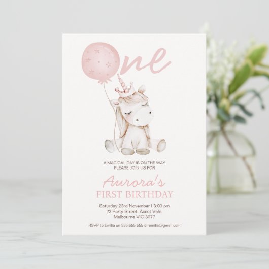Invitation Joli Licorne Rose Premier Anniversaire (Debout devant)