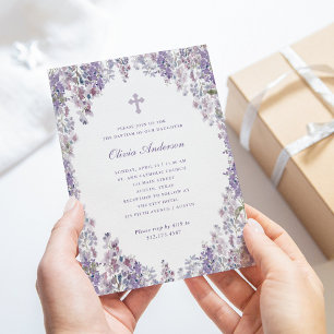 Invitation Joli Lilac pourpre   Aquarelle Cadre Baptême