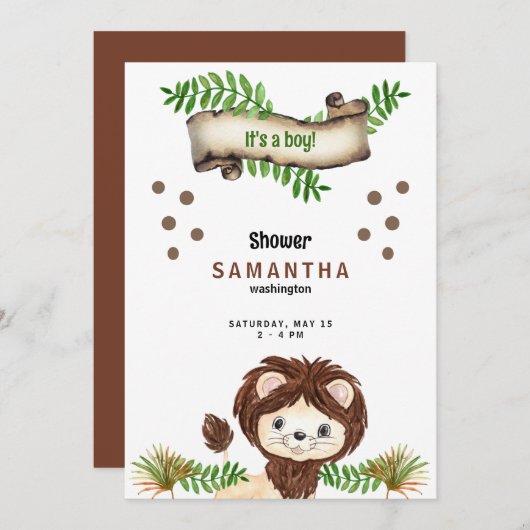 Invitation Joli Lion C'est un Baby shower garçon (Devant / Derrière)