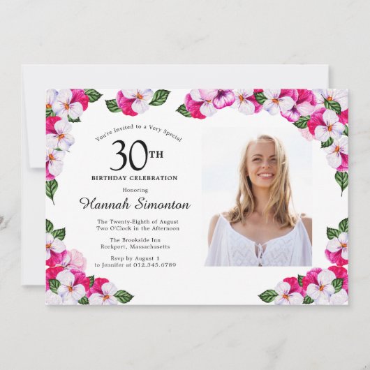 Invitation Joli Magenta rose blanc Photo 30e anniversaire (Devant)