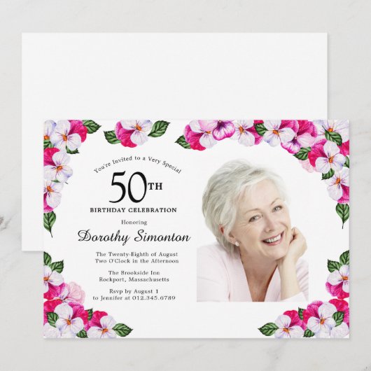 Invitation Joli Magenta rose blanc Photo 50e anniversaire (Devant / Derrière)