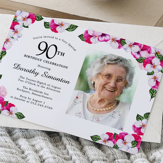 Invitation Joli Magenta rose blanc Photo 90e anniversaire