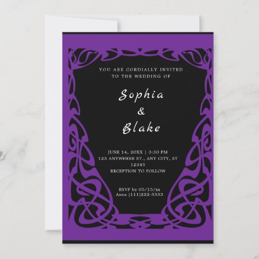 Invitation Joli Mariage Art Déco noir et violet (Devant)