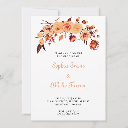 Invitation Joli Mariage Bohème Floral Blanc Orange (Devant)