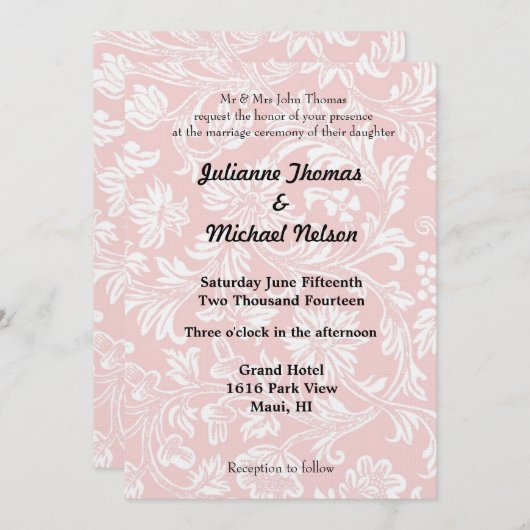 Invitation Joli Mariage damassé rose et blanc (Devant / Derrière)