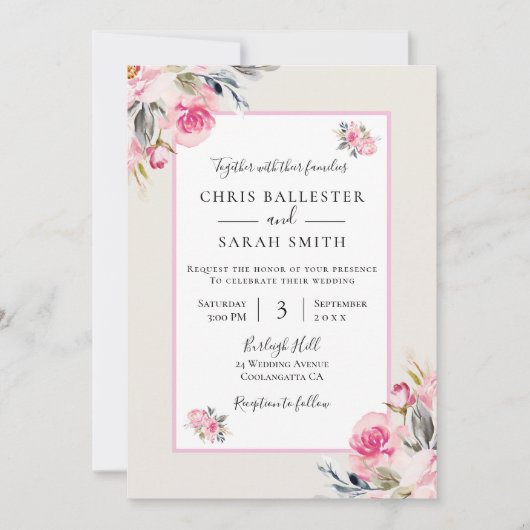 Invitation Joli Mariage d'aquarelle rose pâle (Devant)