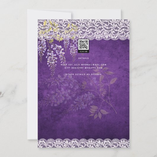 Invitation Joli Mariage de dentelle WISTERIA violet rustique (Dos)