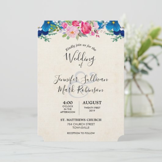 Invitation Joli Mariage de frontière rose et bleu (Debout devant)