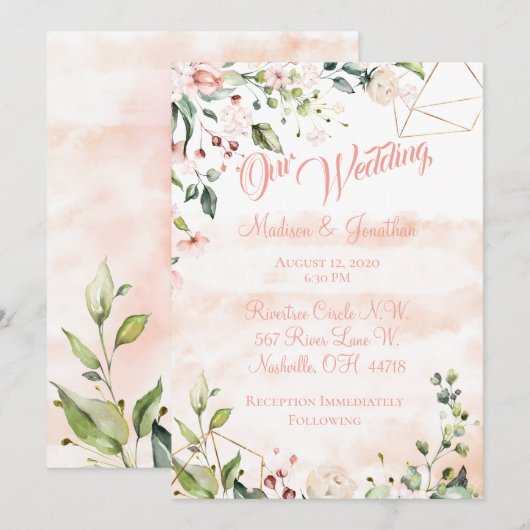 Invitation Joli Mariage de script floral rose (Devant / Derrière)