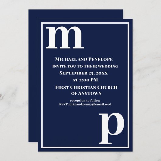 Invitation Joli Mariage élégant Monogram Navy Blue (Devant / Derrière)